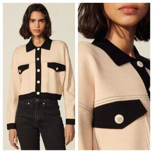 NWT Sandro Cher Cropped Cardigan Beige Black Topstitch Button Up Size 0 / XS